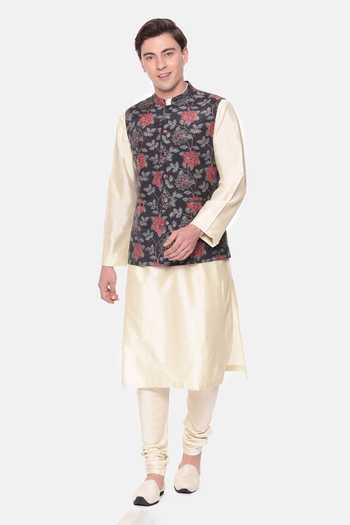 Mayank Modi - Men Florette Print Black & Red Bundi 