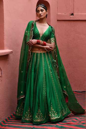 Deep Thee Stripe Embroidered Bridal Lehenga Set 