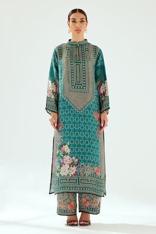 Rajdeep Ranawat Champa Silk Floral & Geometric Pattern Kurta 