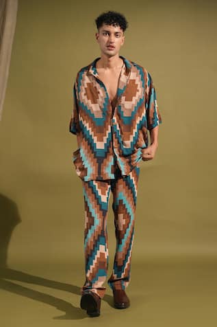 Nikita Mhaisalkar Turquoise Abstract Grid Print Shirt & Pant Set 
