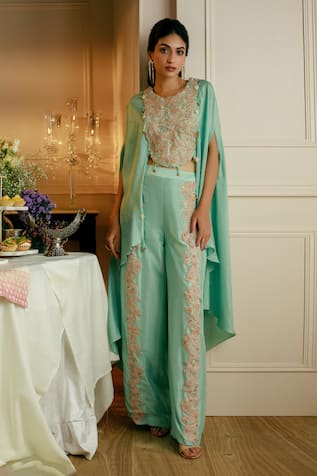 Nehha Nhata Silk Hand Embroidered Cape Top & Palazzo Set 