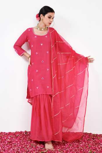 Label Flamingo By Vrinda Cotton Silk Mirror Embellished Kurta Sharara Set 