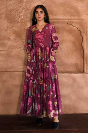 Taro Plum Garden Floral Print Maxi Dress 