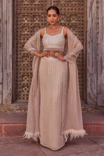 NIDHIKA SHEKHAR Feather Embroidered Cape Lehenga Set 