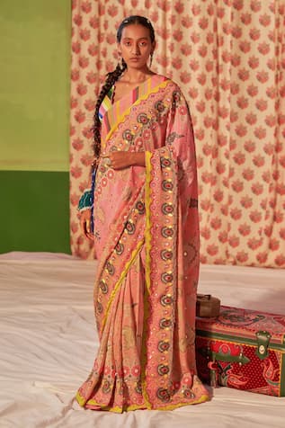 Siddhartha Bansal Floral Print & Embroidered Saree With Blouse 