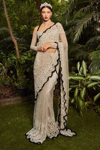 Cherie D Reina Pearl Embroidered Pre-Draped Saree With Blouse 