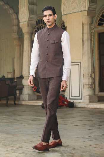 Raw & Rustic By Niti Bothra Brown Linen Bundi & Pant Set 