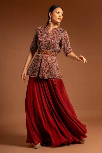 Sejal Kamdar Ajrak Embellished Top & Umbrella Pant Set 
