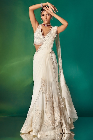 Stotram Floral Embroidered Pre-Draped Saree With Blouse