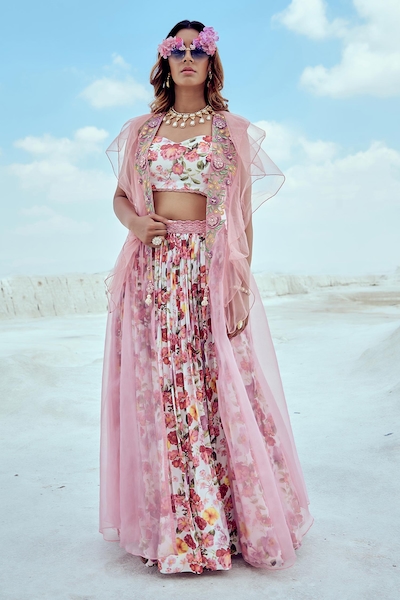 Nikita Vishakha Ruffle Cape & Printed Lehenga Skirt Set