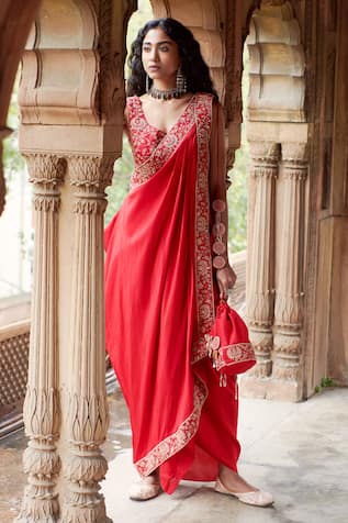 Pink City by Sarika Silk Zardozi Embroidered Pre-Draped Saree Set 