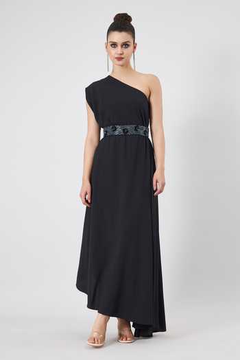 Aakaar One Shoulder Gown With Embellished Belt 