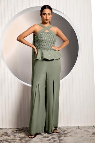 Embroidered Bodice Draped Peplum Top & Flared Pant Set 