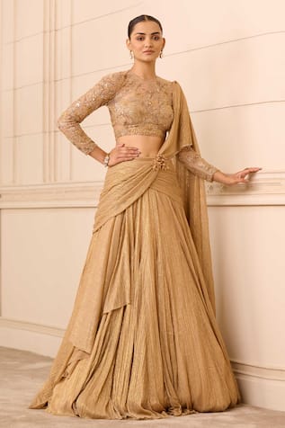 Lavender Skirt And Crop Top With Ruching Detail And Puffed Cold Shoulder  Sleeves Lehenga Choli
