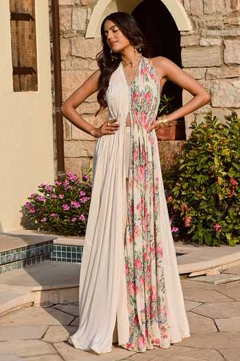 Palak & Mehak Floral Print Halter Neck Anarakali With Pant 