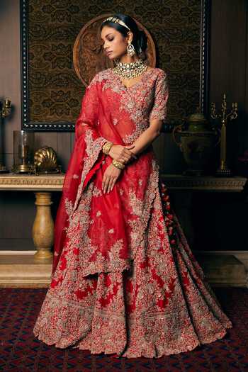 Prisho Floral Embroidered Silk Bridal Lehenga 
