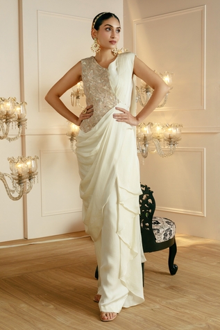 Nehha Nhata Draped Pant Saree With Embroidered Blazer