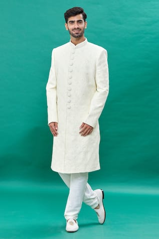Thread Pearl Embroidered Sherwani Set For Kids