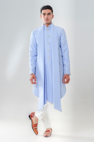 Buy Pink Kurta Raw Silk Embroidered Thread Floral With Bell Bottom Pant For  Men by Amrit Dawani Online at Aza Fashions.