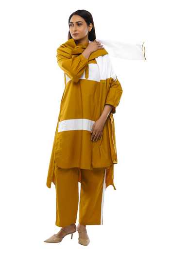 Khat Mustard Yellow Panelled Dress Pant Set 