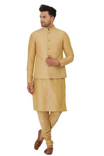 Manish Nagdeo Gold Quilted Bundi Jacket Set 