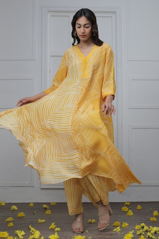 Myoho Cotton Silk Jagged Striped Pattern Dress
