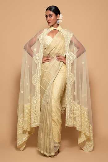 Pallavi Poddar Light Gamma Mirror Work Embellished Cape Saree Set 