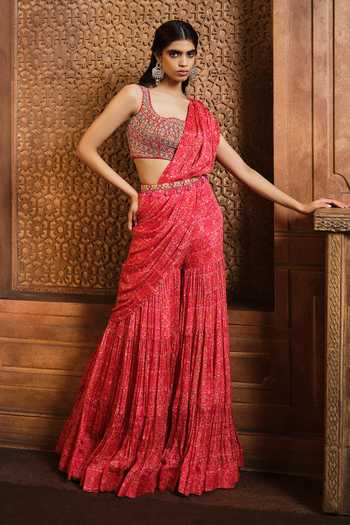 Aneesh Agarwaal Pre-Draped Floral Print Sharara Saree Blouse Set 