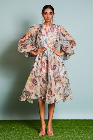 The Dramebaaz CO Organza Japanese Macaques Print Top With Skirt 