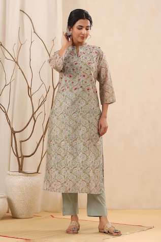 Kameez Floral Block Print Chanderi Kurta