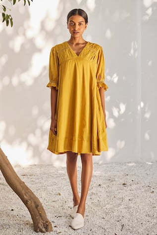 Kharakapas Mustard Yellow Puffed Sleeve Dress 