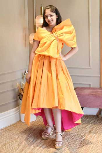 FAYON KIDS Off Shoulder Taffeta Asymmetric Dress 