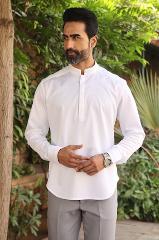 Buy White Poplin Standing Collar Shirt For Men by Vivek Karunakaran Online  at Aza Fashions.