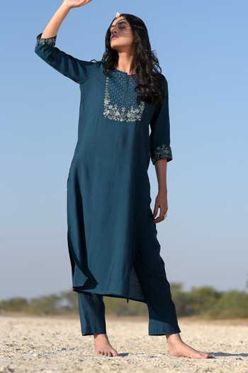 Tatwa Hand Embroidered Katan Silk Kurta & Pant Set 