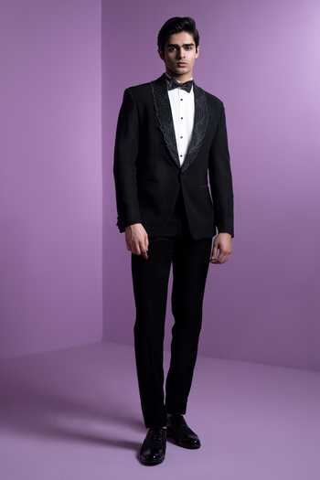 Contrast By Parth Embroidered Lapel Tuxedo Shirt Trouser Set 