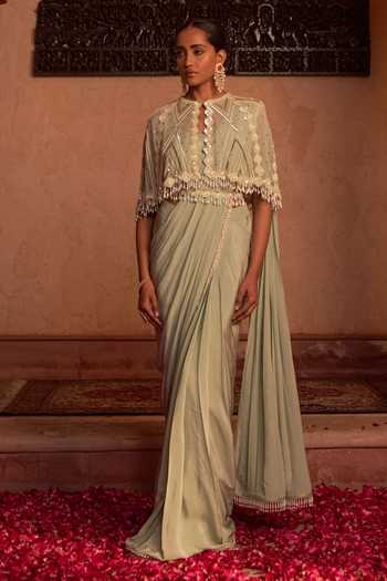 NIDHIKA SHEKHAR Bahu Mela Embroidered Cape Pre-Draped Saree Set 