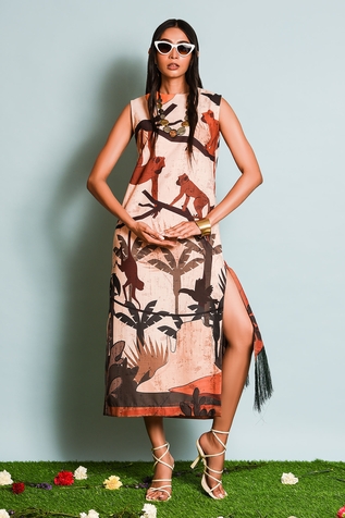 The Dramebaaz Co Safari Print Side Slit Dress