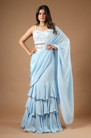 Vana Ethnics Pre-Draped Ruffle Saree With Embroidered Blouse