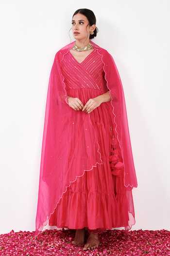 Label Flamingo By Vrinda Cotton Silk Tiered Angarkha Anarkali Churidar Set 