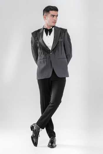 Amrit Dawani Grey Cutdana Embroidered Tuxedo Set 