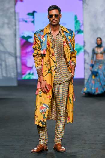 Mahima Mahajan Botanical Floral Print Trench Coat Pant Set 