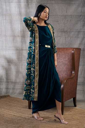 Soup By Sougat Paul Mehra Draped Dress With Floral Print Jacket 