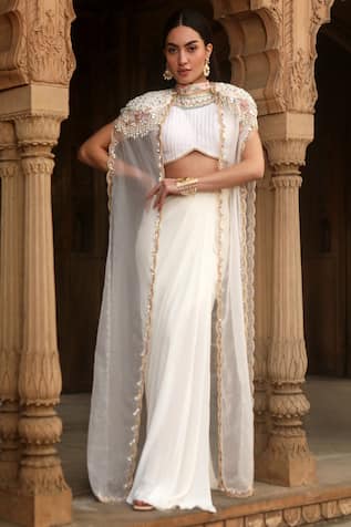 Dheeru Taneja Naaz Sheer Long Cape & Draped Skirt Set 