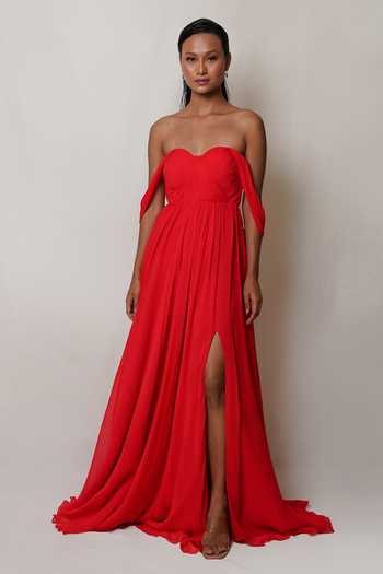 Pinup By Astha Off Shoulder Pleated Gown 