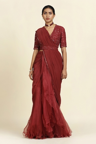 Oshi By Shikha Pre-Draped Saree With Embroidered Blouse