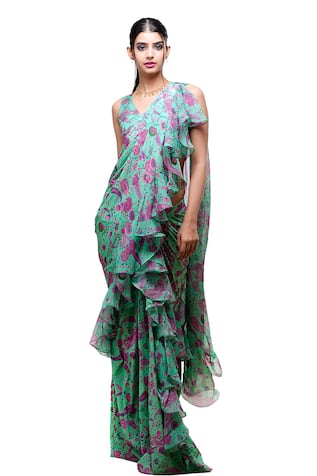 Pre-Draped Paisley Print Saree With Blouse 