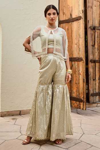 Palak & Mehak Freya Stripe Pattern Sharara Set With Cape 