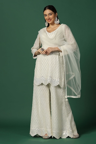 Two Sisters By Gyans Geometric Embroidered Georgette Kurta Sharara Set