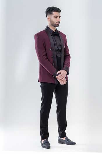 Amrit Dawani Maroon Lapel Collar Tuxedo Set 