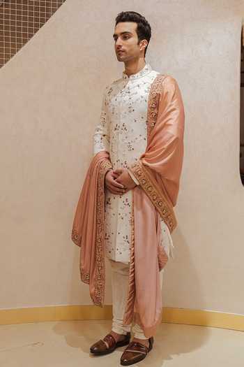 Jatin Malik Zari Embroidered Linen Silk Sherwani Set 